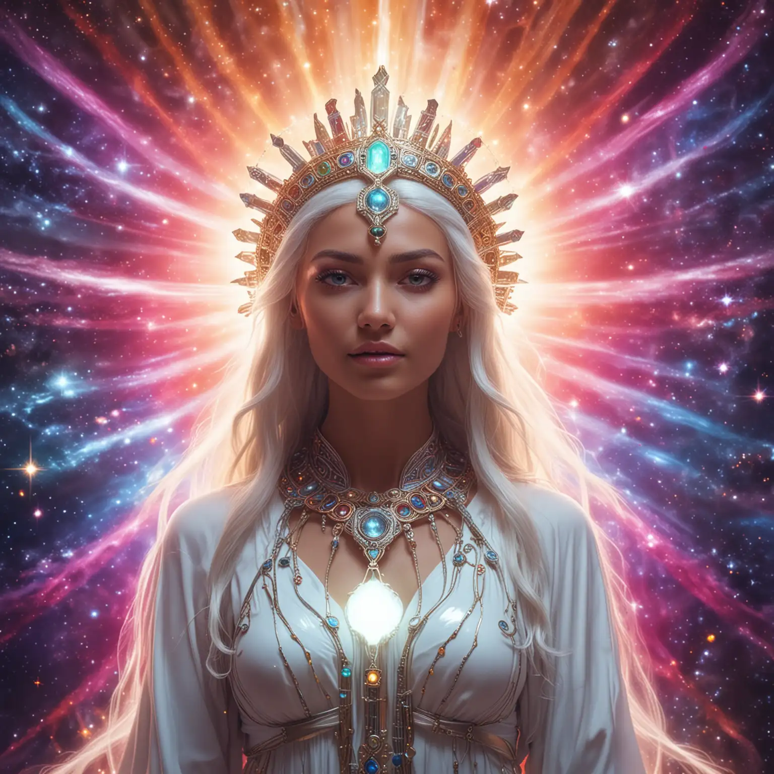 Colorful Galactic Scene Intuitive Innovator Priestess Radiating White Light