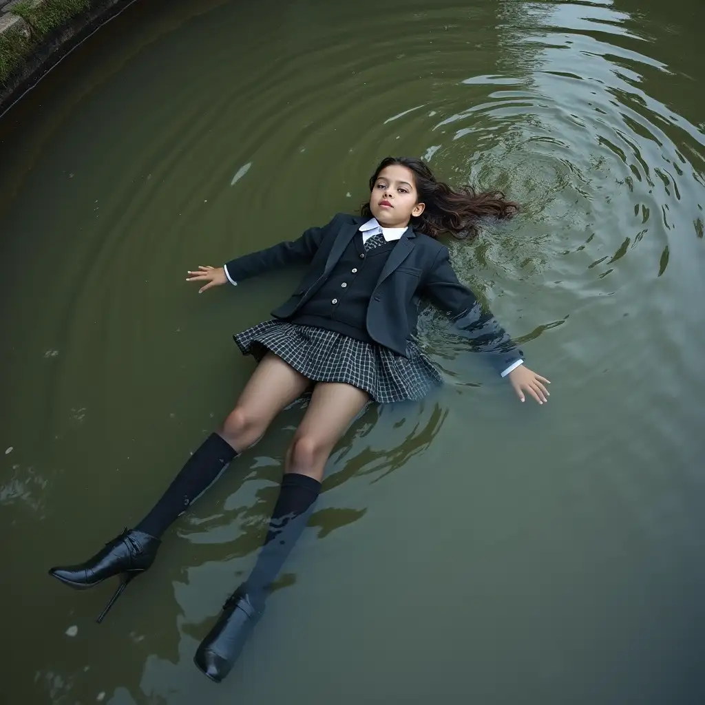 A young schoolgirl in a school uniform, in a skirt, jacket, blouse, dark tights, high-heeled shoes. She is swimming in a dirty pond, lying under water, all her clothes are completely wet, wet clothes stick to her body, the whole body is under water, submerged in water, under the surface of the water, below the water's edge.