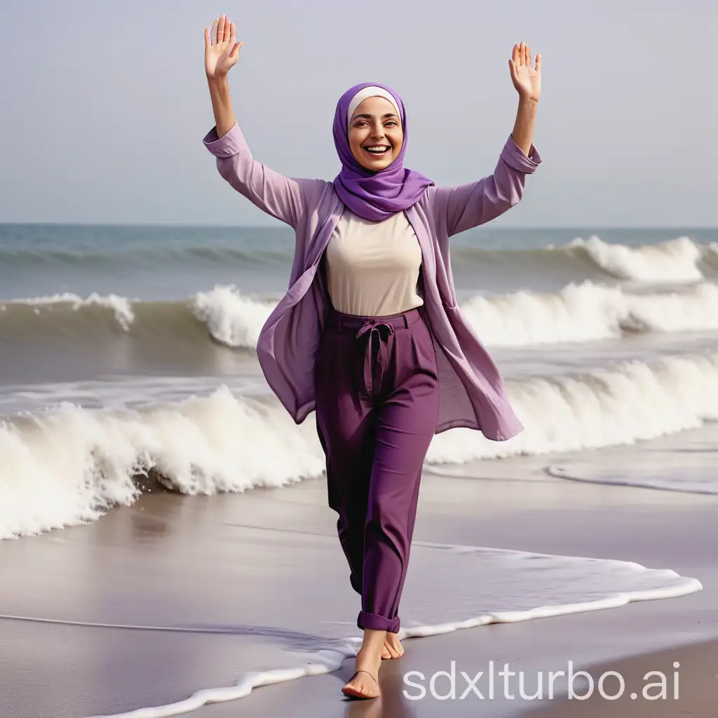 A 35 year old woman wearing a light purple hijab, cream hat, long cream t-shirt, dark purple t-shirt trousers is walking on the beach with her hands raised against the backdrop of the waves. Cheerful smiling face. High resolution. cinematic