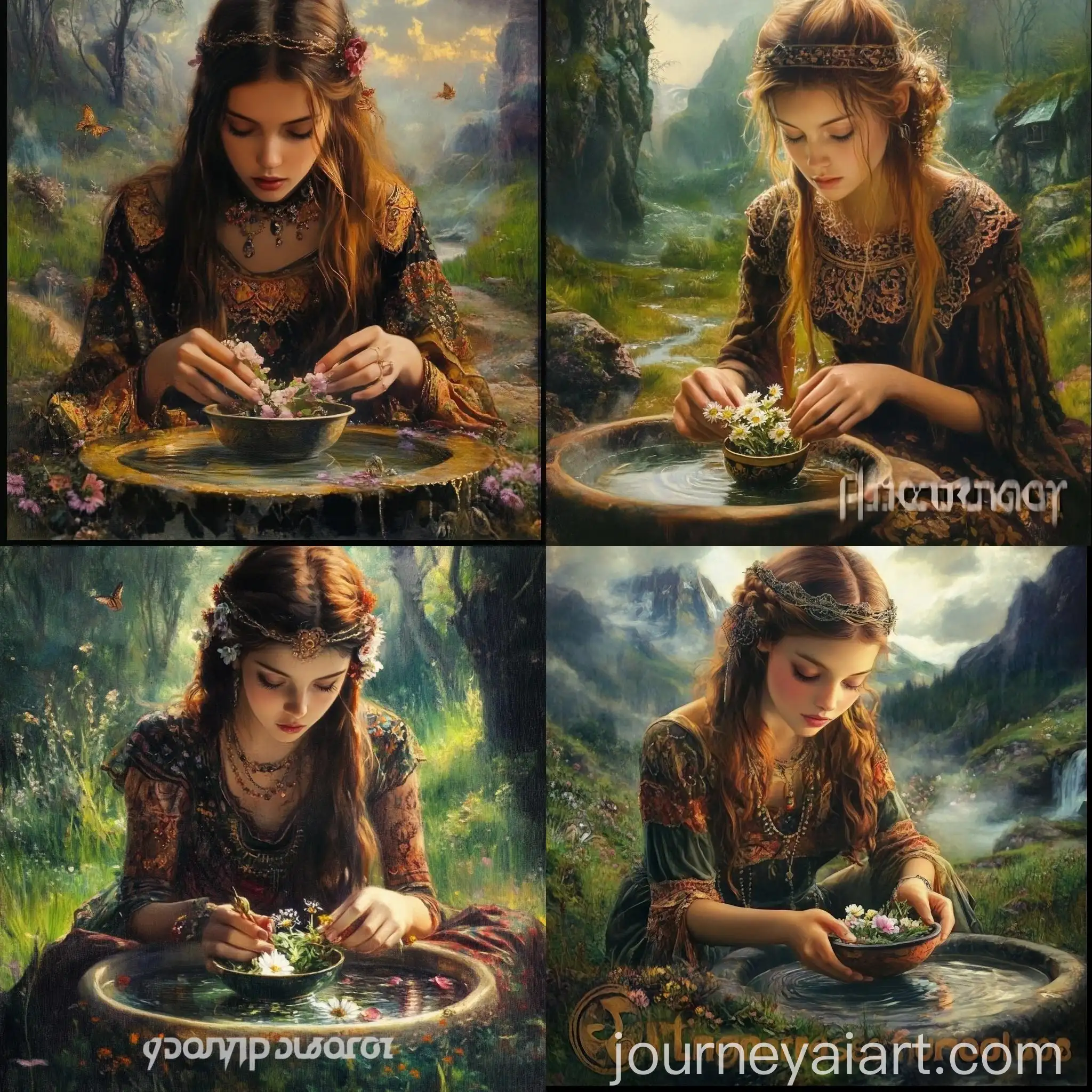 Young-Woman-in-Folk-Dress-Arranging-Flowers-in-Magical-Landscape