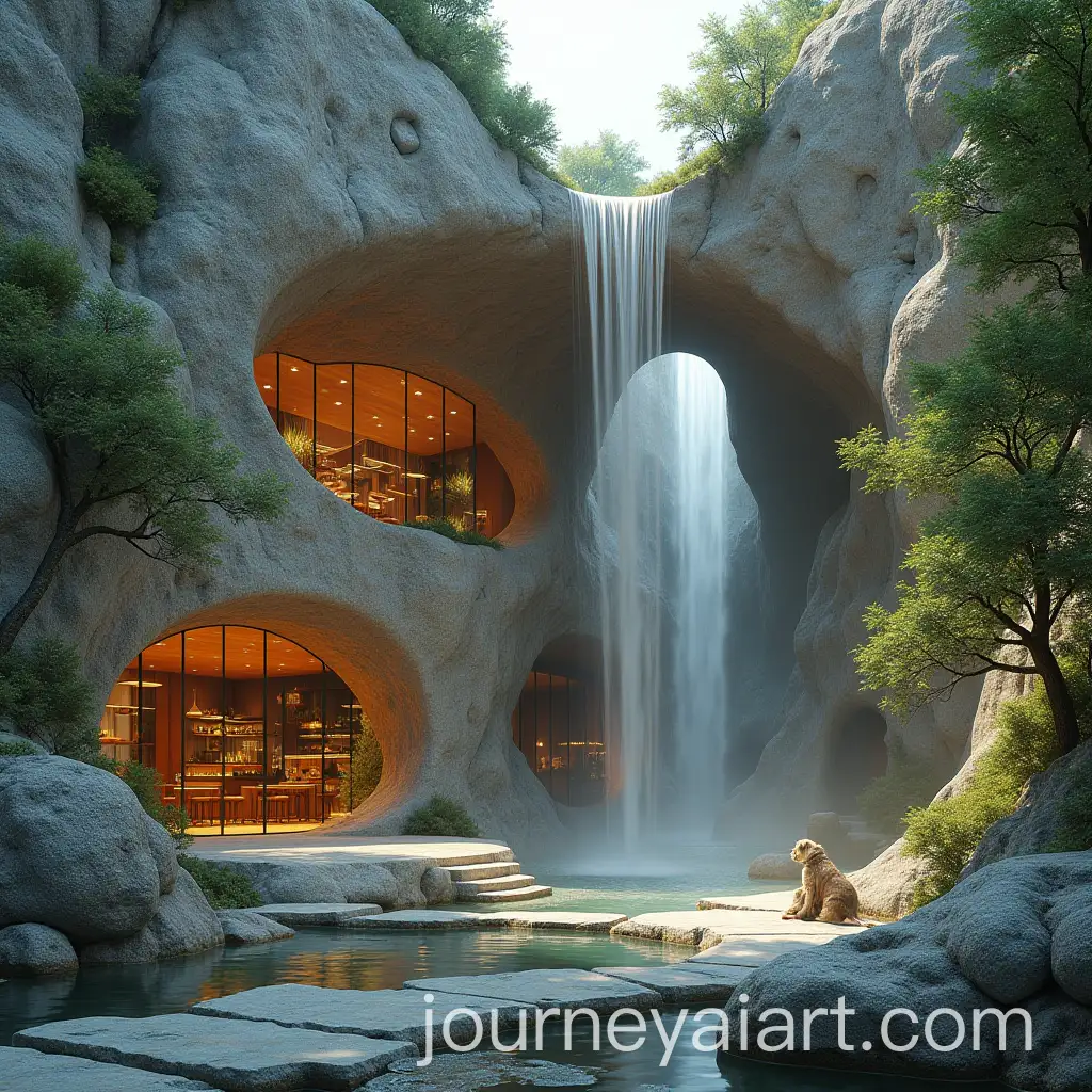 Stone-Mountain-Facade-Building-with-Waterfall-and-Natural-Landscape-Interior