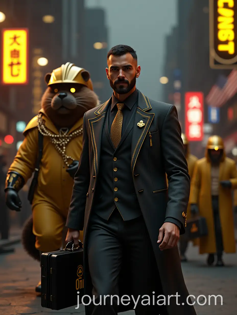 SmartAI-Image-Prompt-Expansionly-Dressed-Man-with-Oni-Briefcase-and-Anthropomorphic-Beaver-in-Cyberpunk-Urban-Scene
