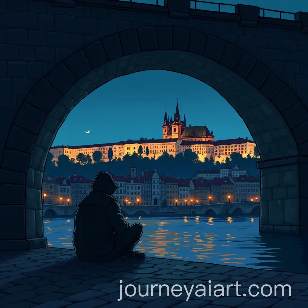 Homeless-Person-Watching-Prague-Cityscape-at-Night