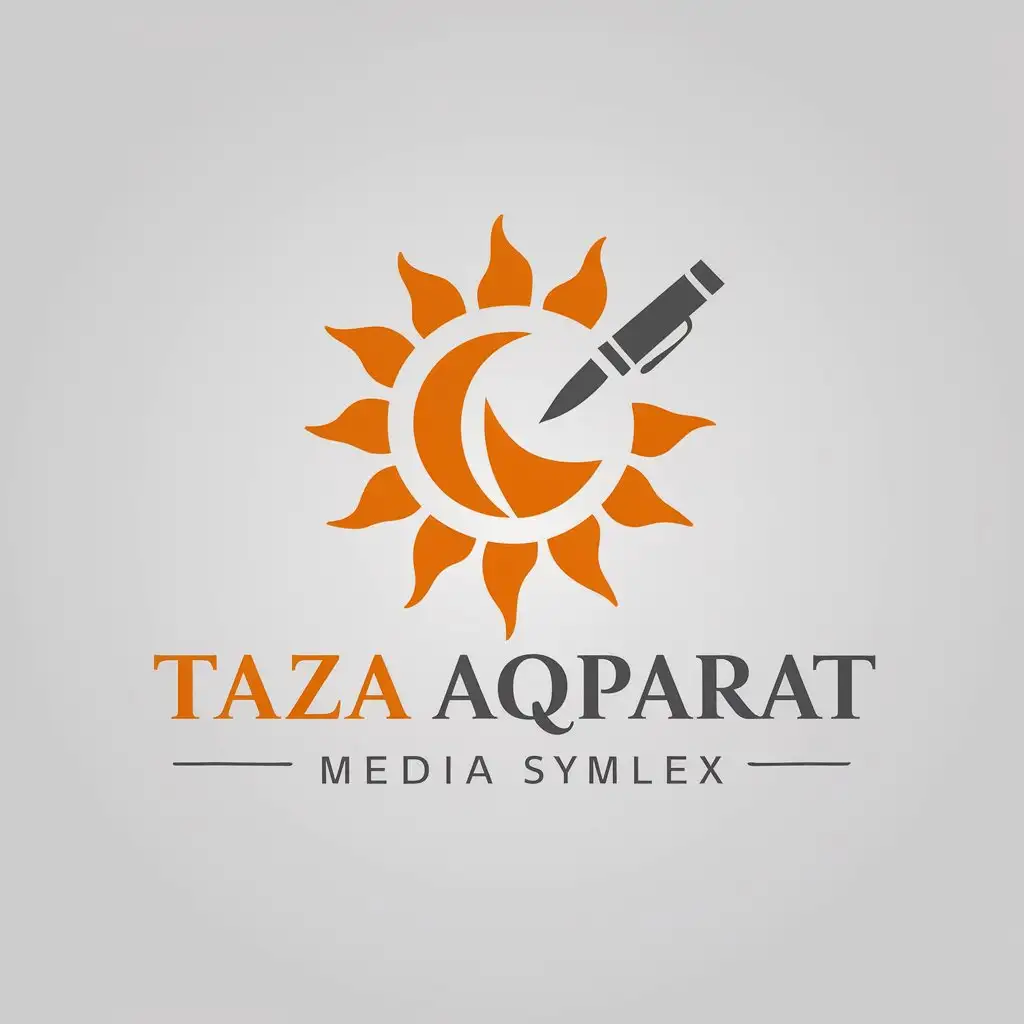 a vector logo design,with the text "Taza Aqparat", main symbol:Sun, pen,complex,be used in Media industry,clear background