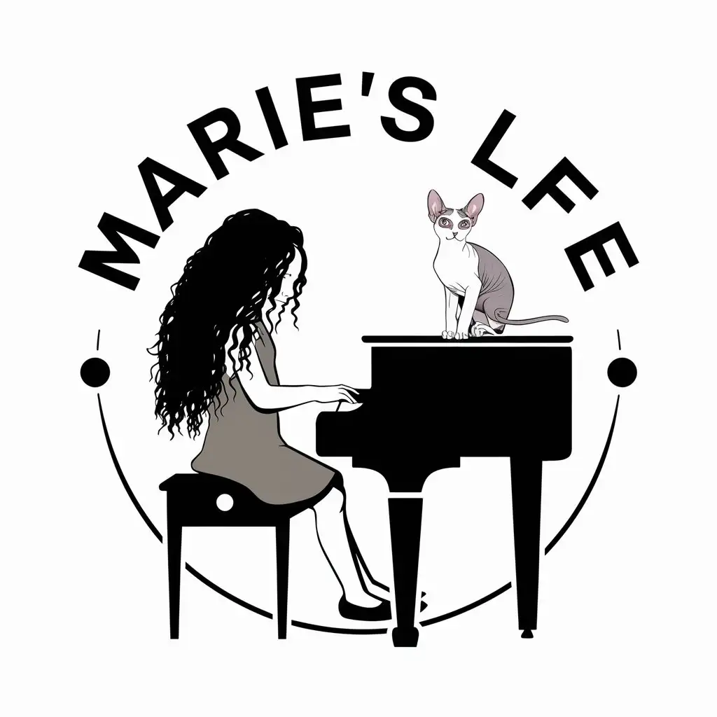 LOGO-Design-for-Maries-Life-Girl-with-Curly-Hair-Playing-Piano-with-Sphynx-Cat-Elegant-and-Clear-Background