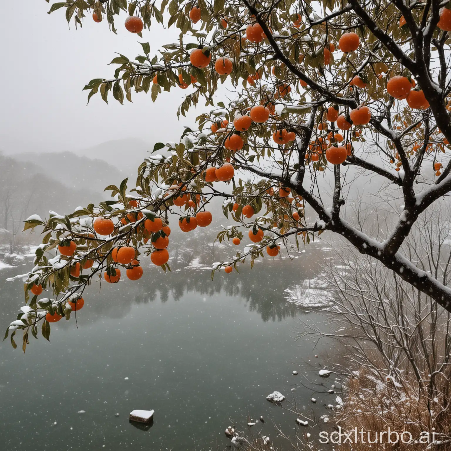 Snowy-Mountain-Landscape-with-a-Persimmon-Tree-and-Water