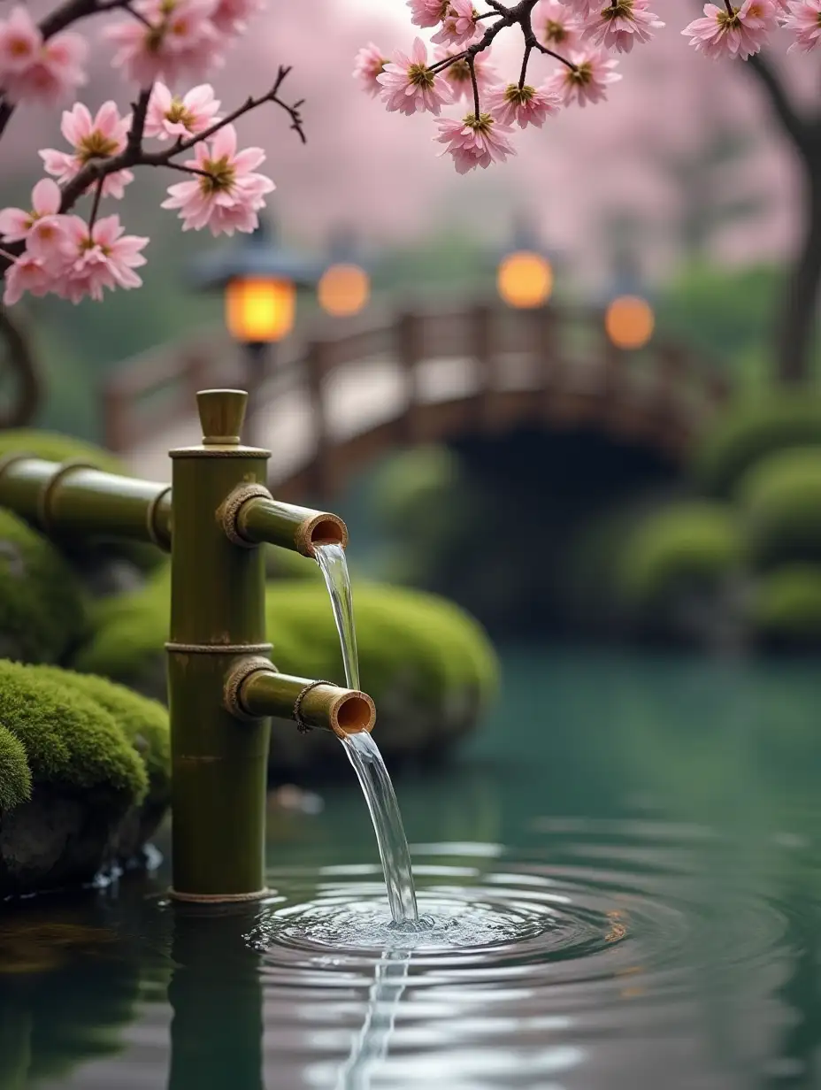 A tranquil Japanese garden scene featuring a bamboo water spout, gently pouring water into a smooth pond. The bamboo spout is a natural green with subtle brownish-yellow accents at the joints, giving it an authentic weathered look. Gentle ripples form as the water flows. The background showcases a peaceful wooden bridge with warm glowing lanterns, surrounded by lush green moss-covered rocks. Above, delicate cherry blossoms in full bloom frame the scene, their soft pink petals adding a touch of serenity and elegance to the composition
