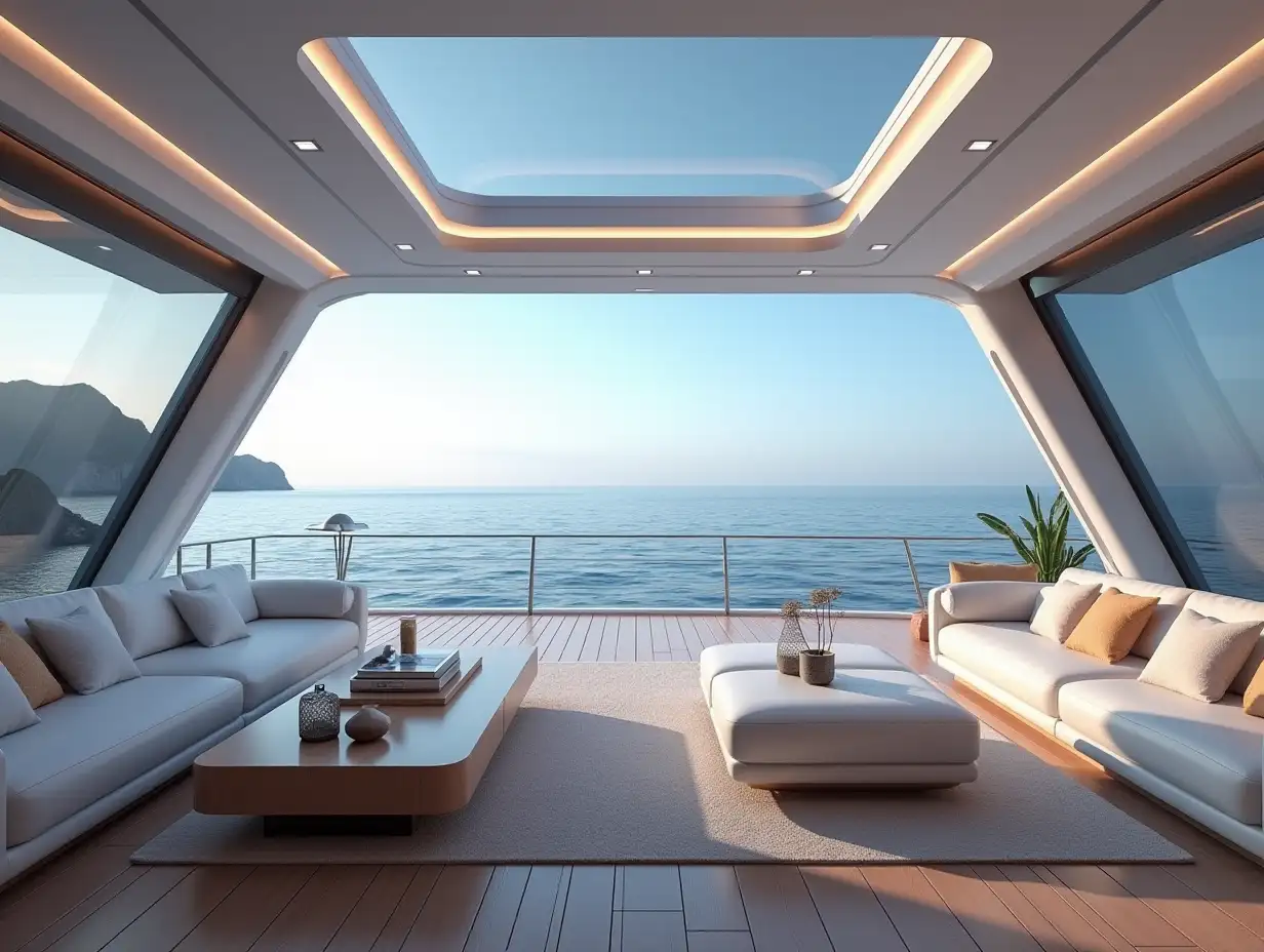 Create a high-resolution realistic image in 4k resolution of a futuristic interior of a yacht with a panoramic view of the sea