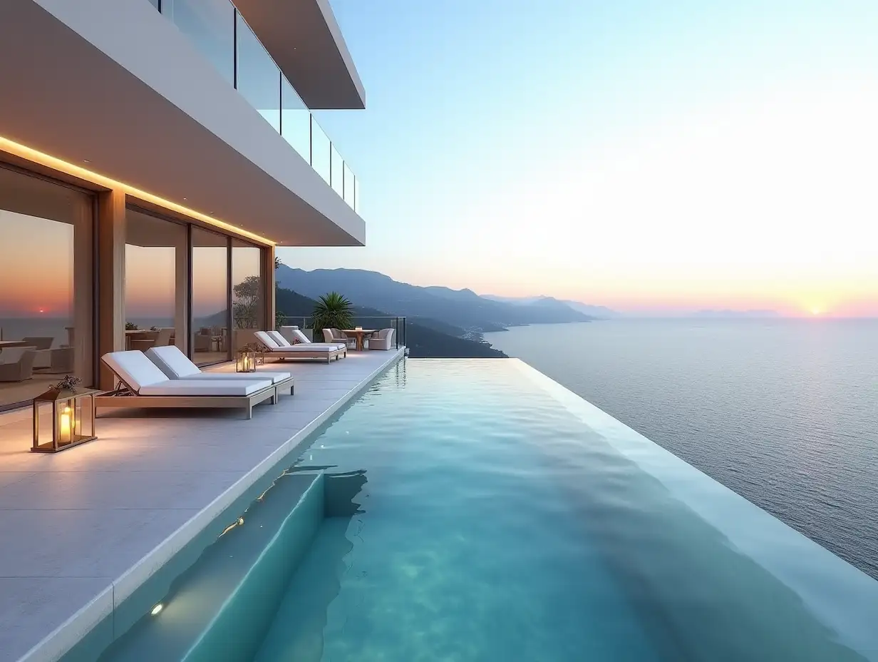 Render an ultra-realistic private infinity pool integrated into a penthouse terrace of a luxury Mediterranean high-rise. The pool is positioned at the edge, appearing to blend into the sea horizon. The terrace features sleek glass railings, elegant loungers with white cushions, ambient lanterns, and a dining area with golden-hour lighting. The architecture is modern minimalist with floor-to-ceiling glass behind the pool, leading into the penthouse interior. Include soft sunlight reflections on the water, and a peaceful Mediterranean skyline. This is a private luxury pool — not a shared rooftop — built into the top floor of a billionaire's home