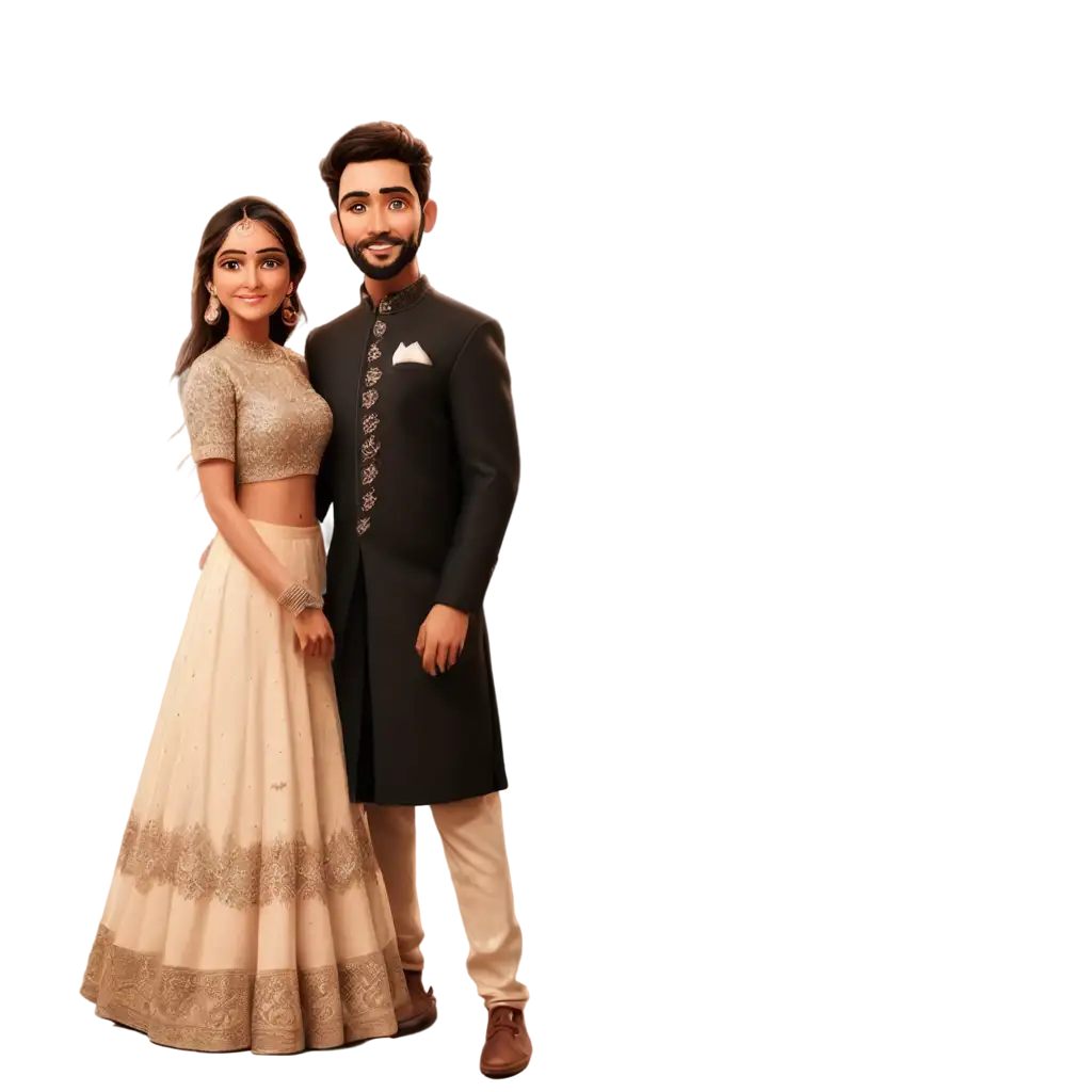 PNG-Image-of-Barat-Cartoonature-Bride-in-Mehroon-Lehnga-and-Groom-in-Black-Sherwani