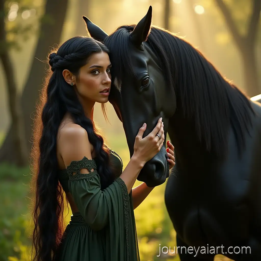 Elven-Woman-and-Black-Steed-in-Blooming-Spring-Forest