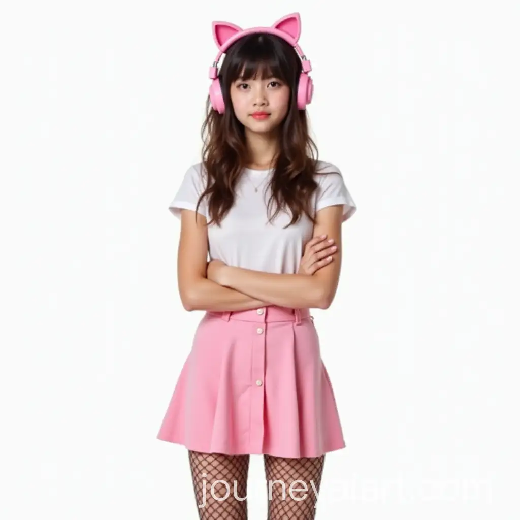 Serious-Teenager-in-Pink-Mini-Skirt-and-Cat-Ear-Headphones-with-Fishnet-Stockings
