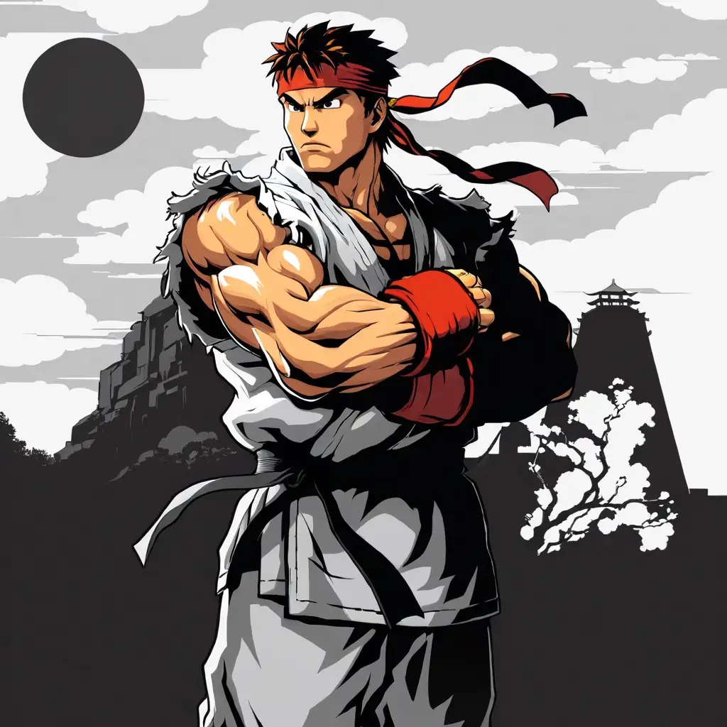 Ryu from Street Fighter Facing a Dazzling Sunset