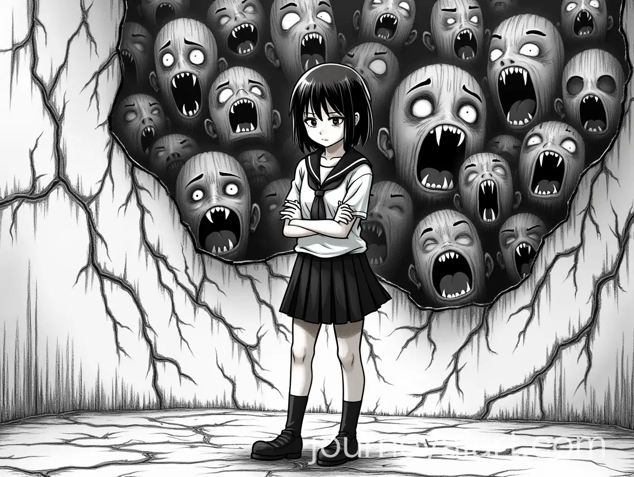Manga-Style-Horror-Image-of-Sad-Girl-in-Sailor-Uniform-Amidst-Tormenting-Faces