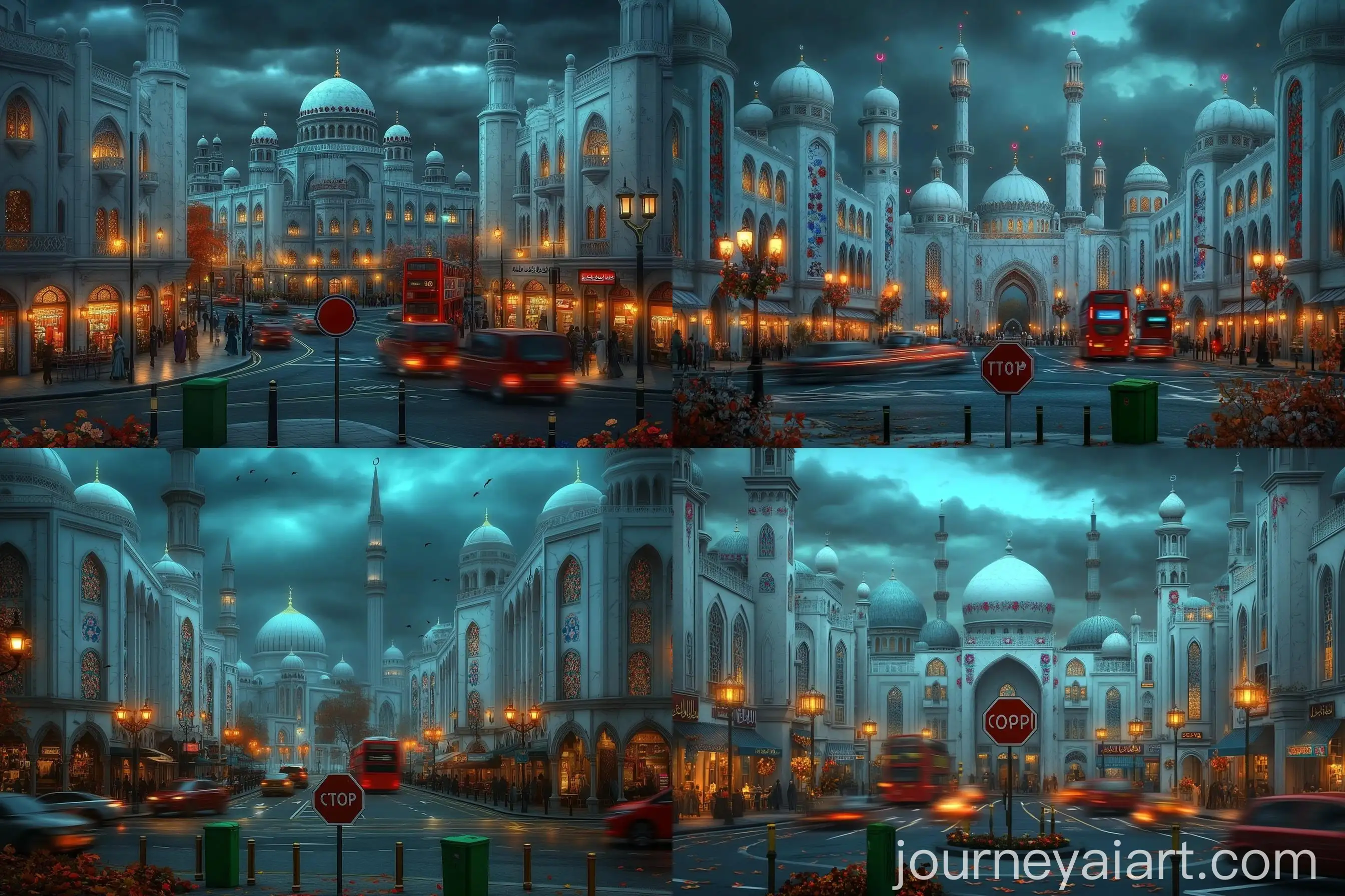 Busy-London-Intersection-with-Islamic-Architecture-and-Red-Double-Decker-Bus