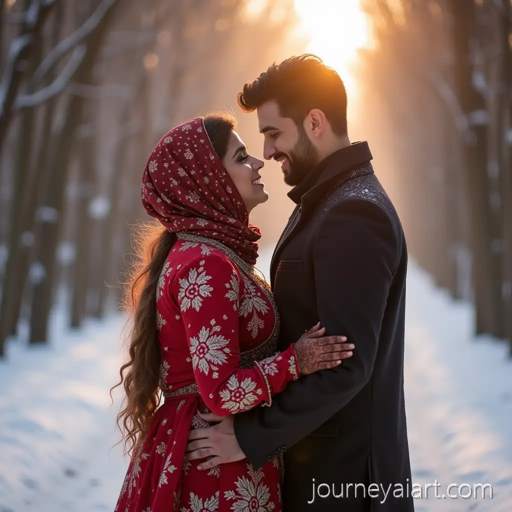 RomRomantic-winter-sceneantic-Winter-Scene-Featuring-Affectionate-Indian-Muslim-Couple-in-Fashionable-Winter-Attire
