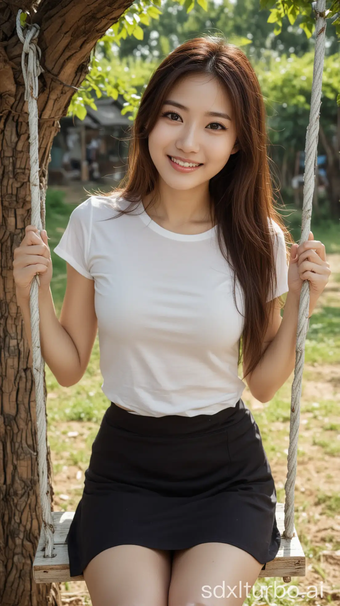 Chinese-Woman-with-Sweet-Smile-on-Swing-in-Countryside-Village