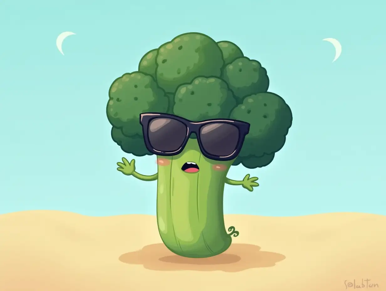 Can you describe a fictional character who is a broccoli with anthropomorphic sunglasses, enjoying a day at the beach? What kind of activities would this character be doing and what kind of personality would he have?