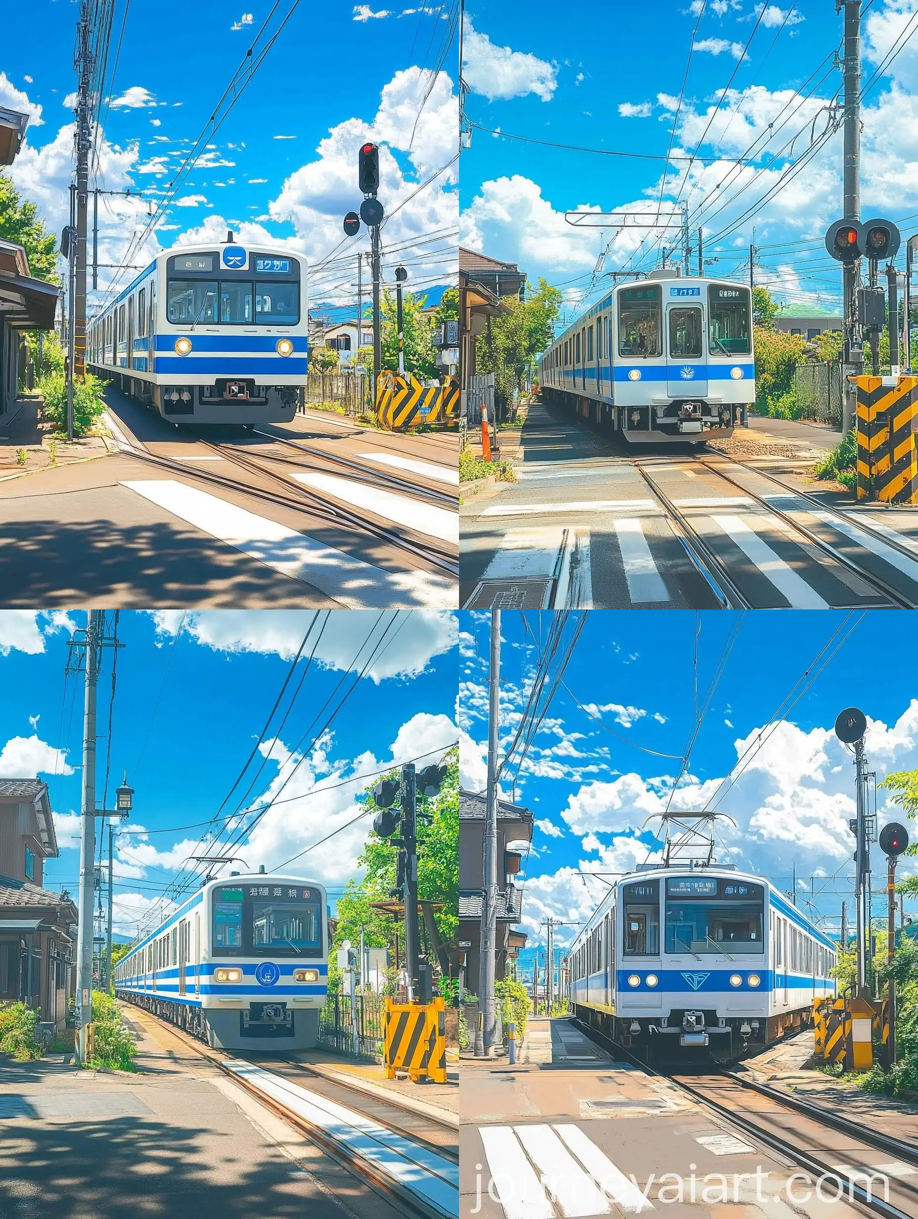 Urban-Train-Scene-with-Blue-Striped-Train-and-Signal-Post