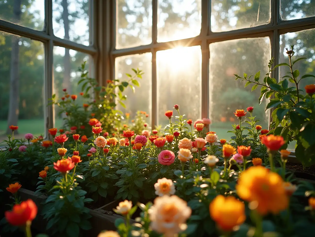 a greenhouse with beautiful windows and flowers, sunlight streaming through the windows