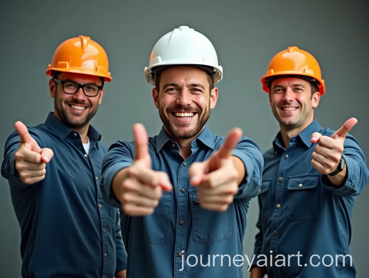 Three-Modern-Engineers-in-Helmets-Pointing-Forward-at-a-Construction-Site