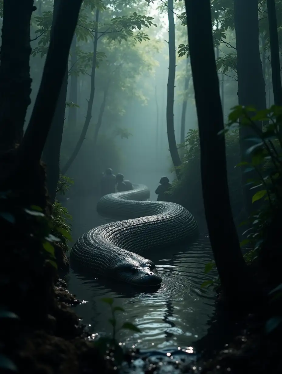 Monstrous-Anaconda-in-Dark-Swamp-Surrounded-by-Hunters