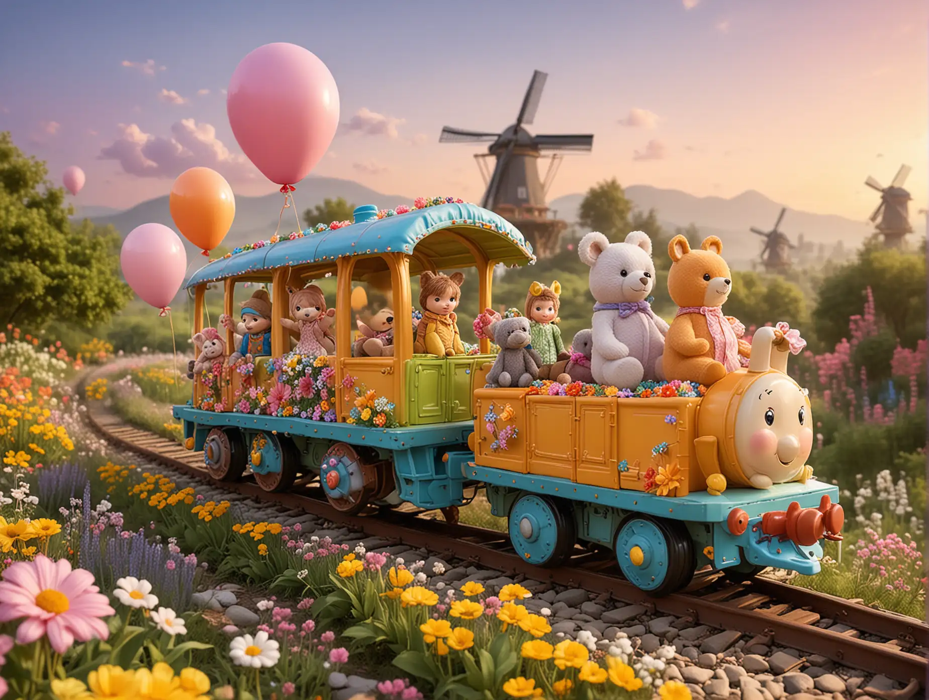 4 kids,ride atop a colorful toy train,surrounded by bright flowers,lush greenery and a pastel-colored sky. Each carriage is creatively designed and shaped like flowers and candies. The children have happy expressions,realistic paintings,and rich colors,including bright yellow,orange,pink,blue,green,etc. The background is a dreamy gradient that incorporates fun elements like balloons,windmills,and small stuffed animals scattered throughout.