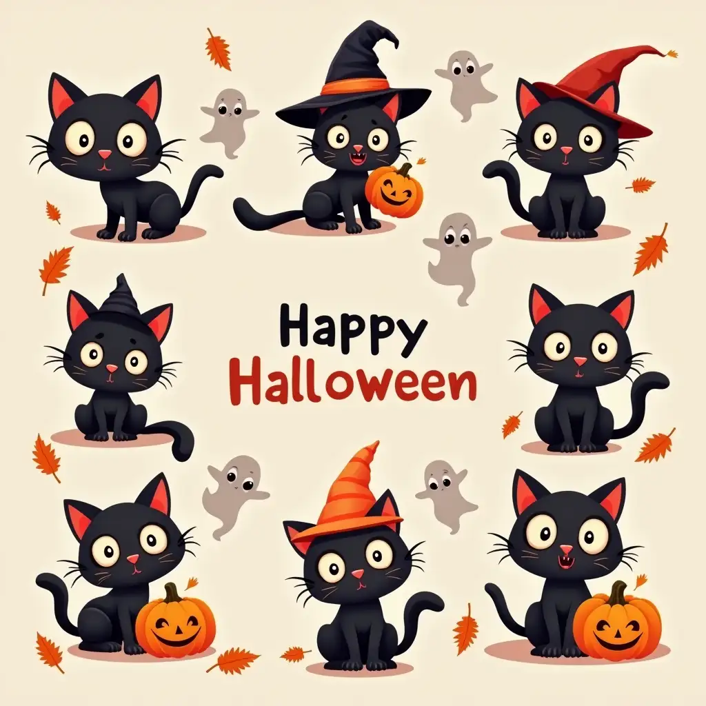 seamless design. Create an image featuring a variety of cartoon-style black cats with large eyes in different poses, some wearing witch hats and others with Halloween pumpkins, surrounded by small floating ghosts and autumn leaves, all set against a soft, pastel background. Include bold text in the image style.