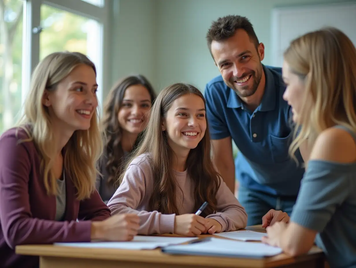 Group portrait of teenager students with senior teacher at school classroom ready to start college university