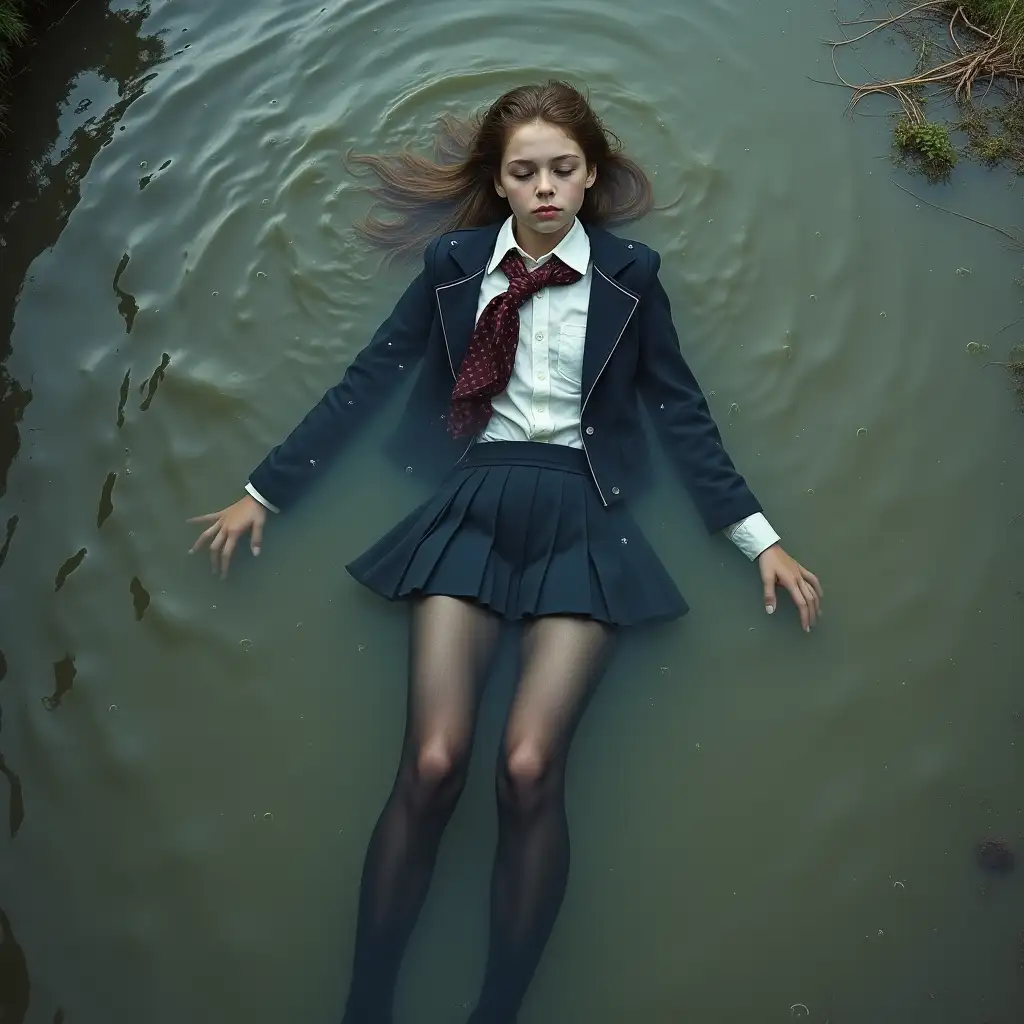 A young schoolgirl in a school uniform, in a skirt, jacket, blouse, dark tights, high-heeled shoes. She is swimming in a dirty pond, lying underwater, all her clothes are completely wet, wet clothes stick to her body, the whole body is underwater, submerged in water, under the surface of the water, below the water's edge.