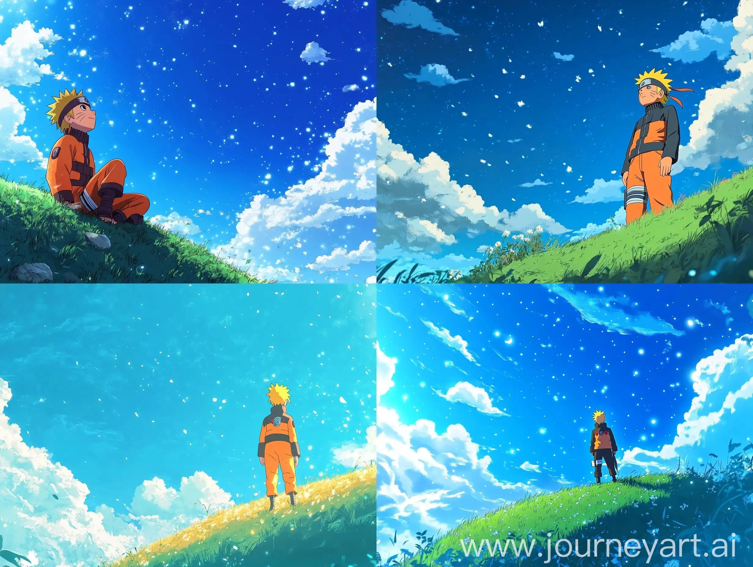 Naruto-Inspired-Studio-Ghibli-Style-Art-on-Grassy-Hill-with-Blue-Sky