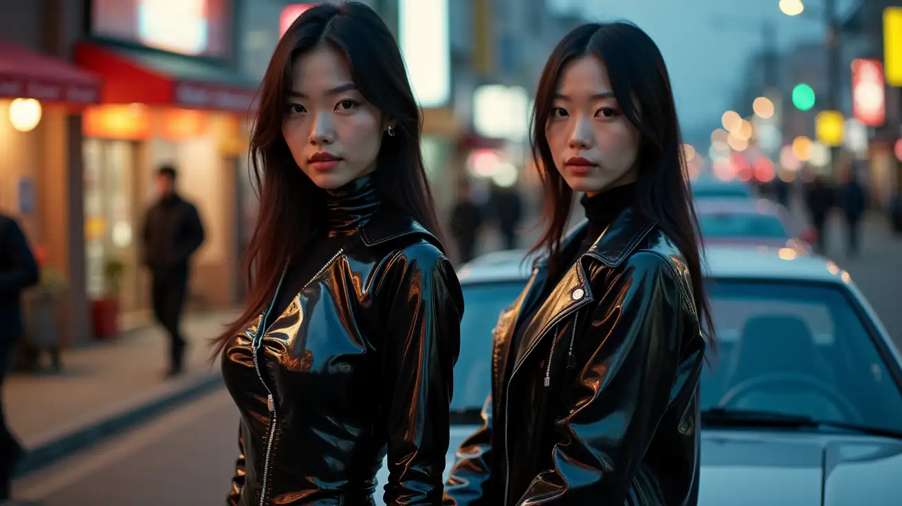 Two-Asian-Women-in-Shiny-PVC-Jumpsuits-and-Boots-on-Japanese-Street-at-Dusk-with-Toyota-AE86