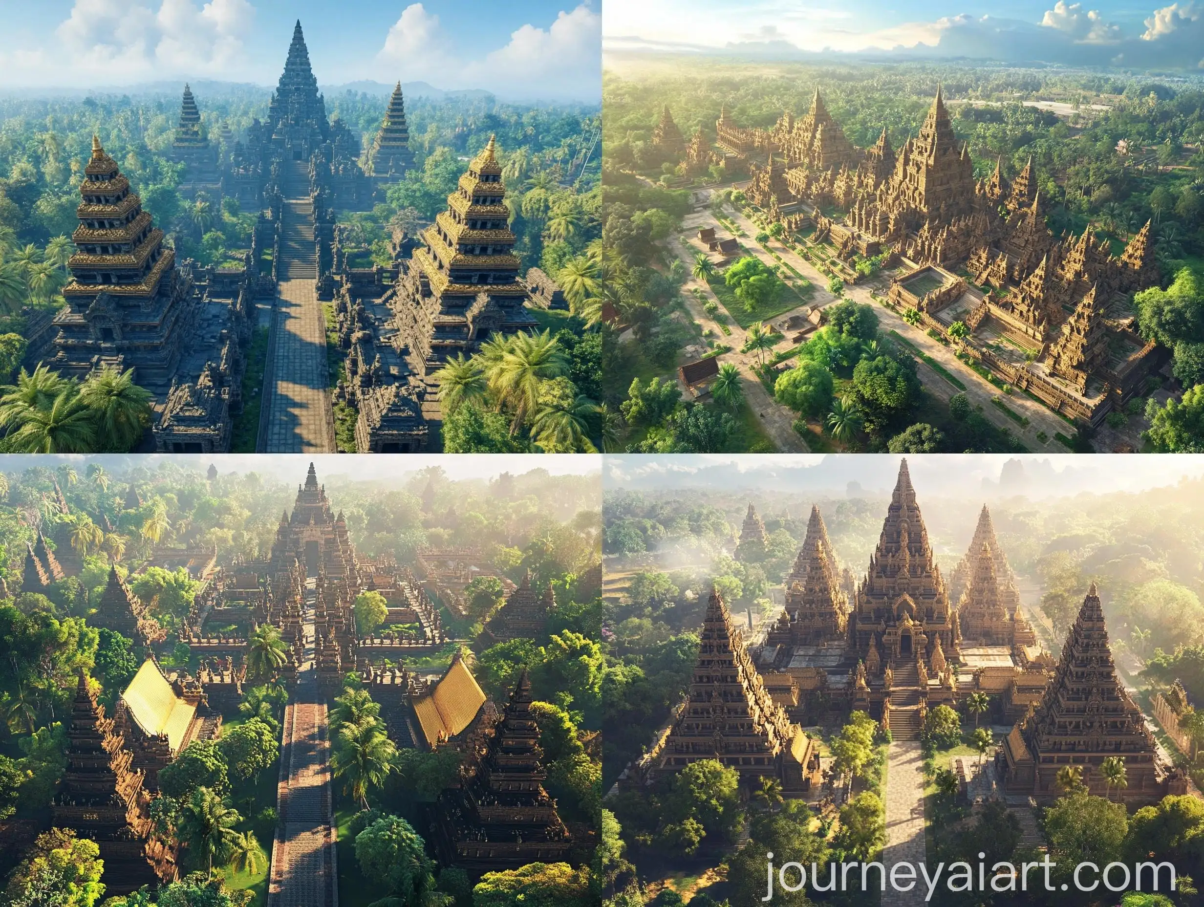 Aerial-View-of-Majestic-Majapahit-Kingdom-Temples-and-Tropical-Landscapes