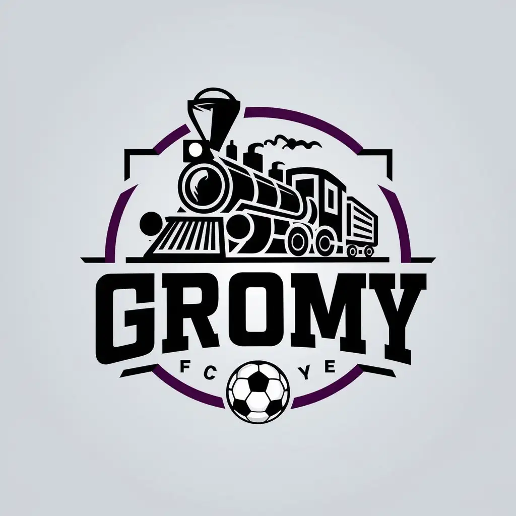 a vector logo design,with the text "FC GROMY", main symbol:An old-time train, a ball, a soccer team, black and purple colors,Moderate,be used in Sports Fitness industry,clear background