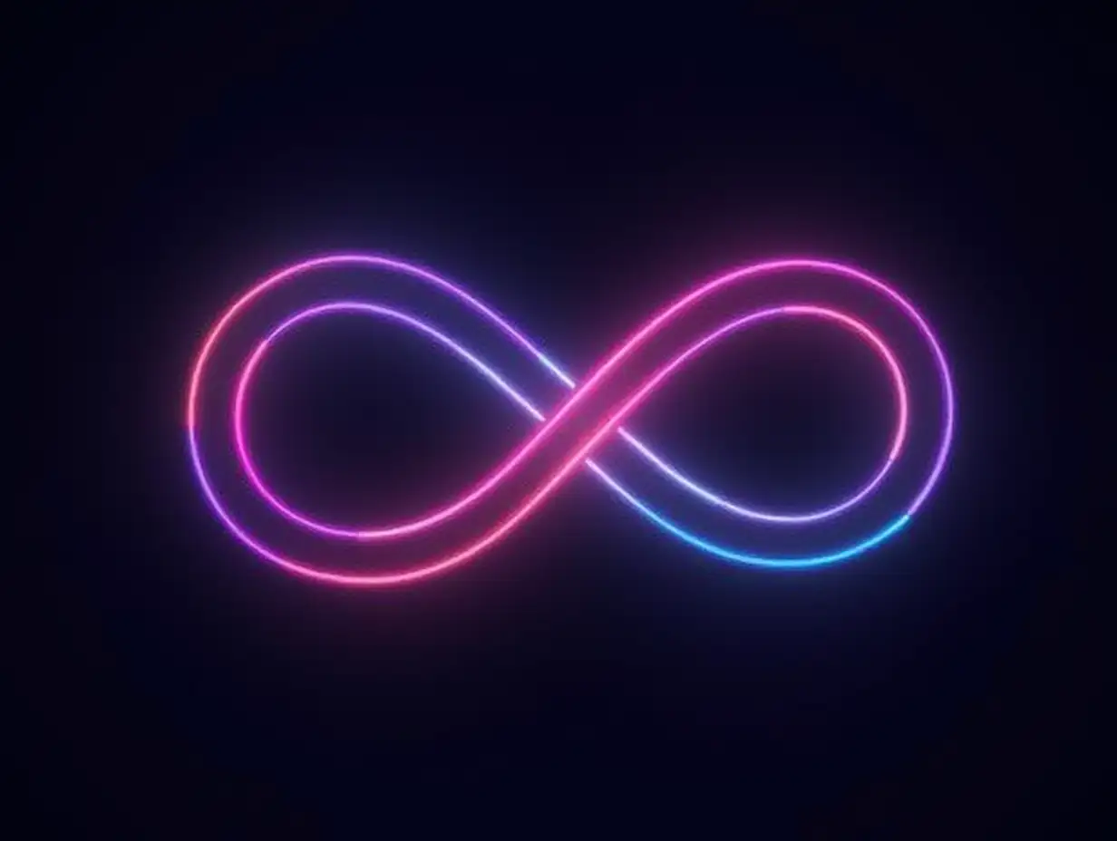 artistic, a infinite symbol with colorful neon line,  glowing, wide, dark background, uhd,  128k