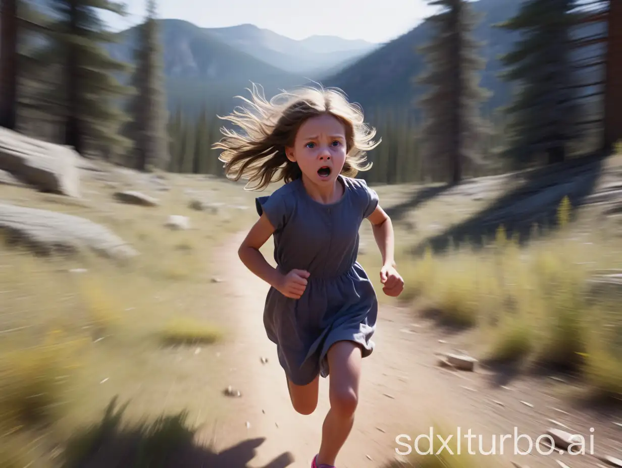 Anxious-Little-Girl-Running-in-the-Wilderness-with-Blurred-Scenery