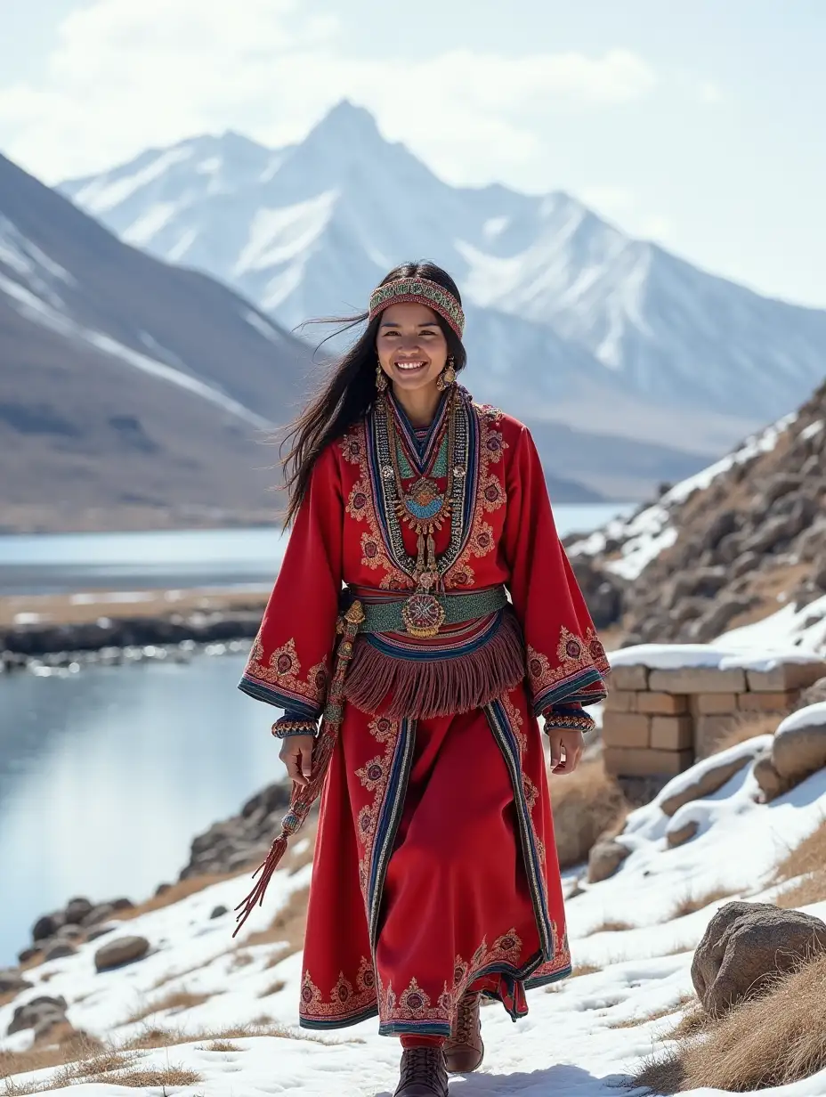 a beautiful woman dressed in Andean ceremonial clothing, with beautiful colors, she walks in the middle of snow-covered mountains by the shores of Lake Titicaca, behind her are the ruins of Tiwanacu