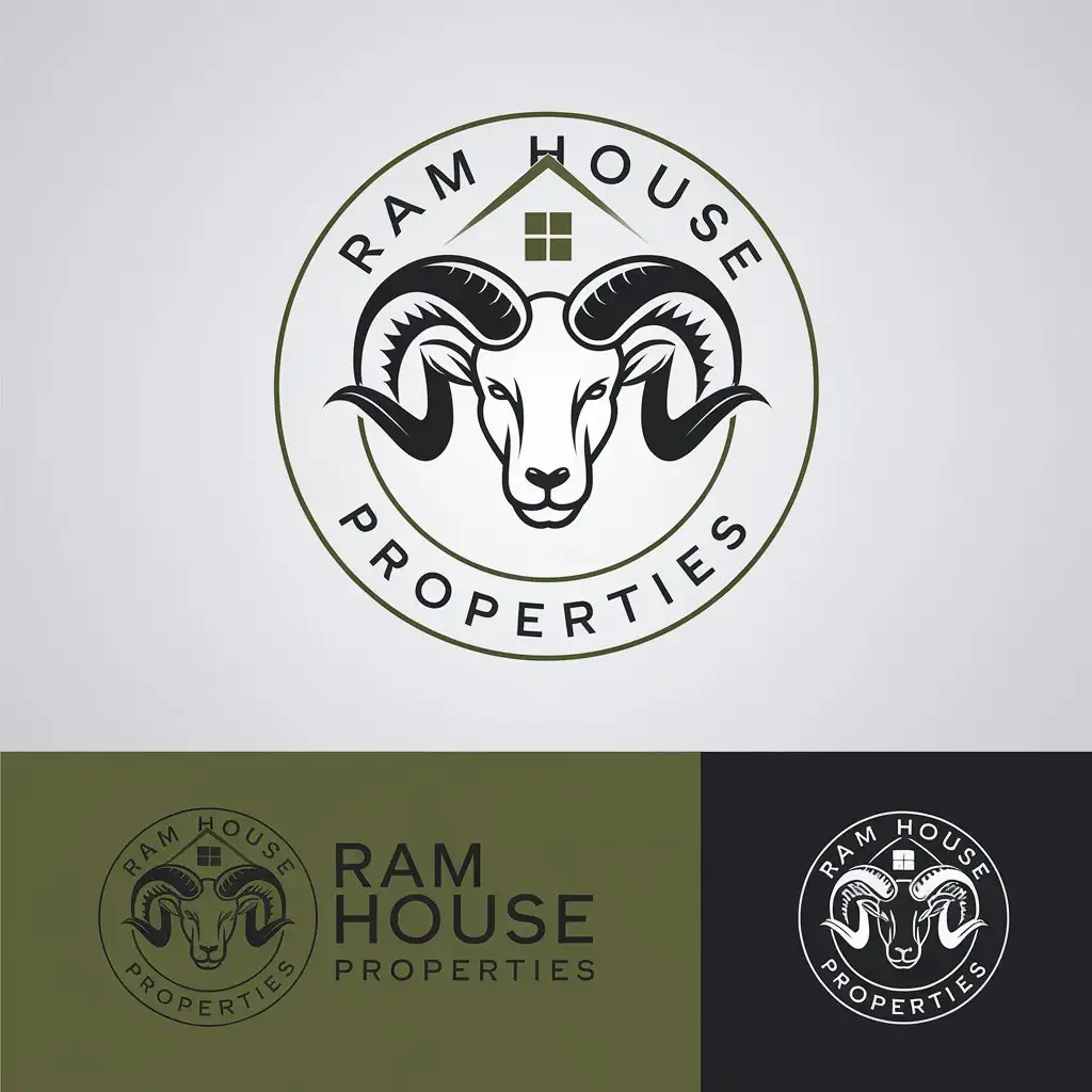 LOGO Design for Ram House Properties Green Black Minimalist Ram Head with House Roof Theme