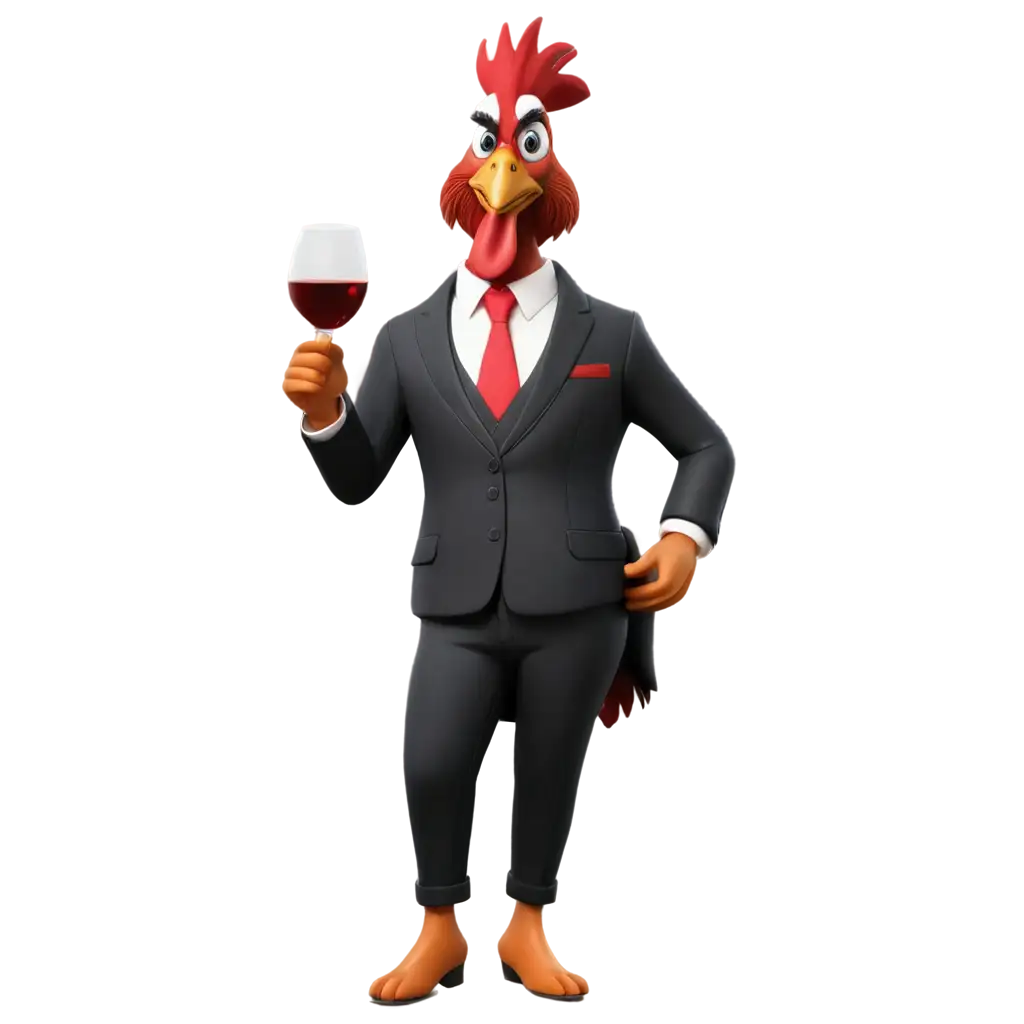 Animated rooster in black suit drinking wine