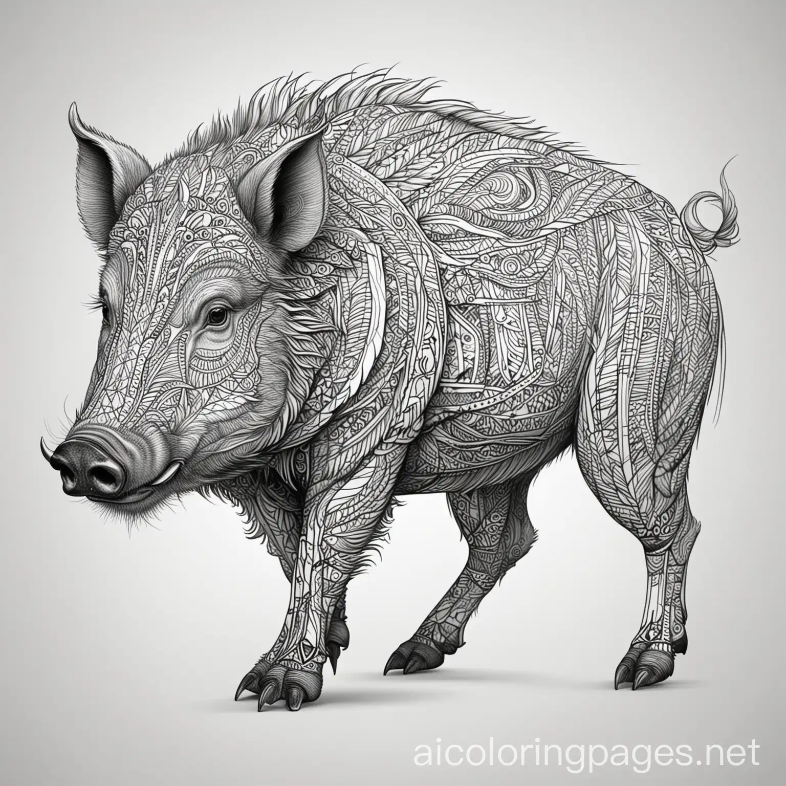a boar with intricate design, line art, black and white, simplicity, no shading, no color, Coloring Page, black and white, line art, white background, Simplicity, Ample White Space