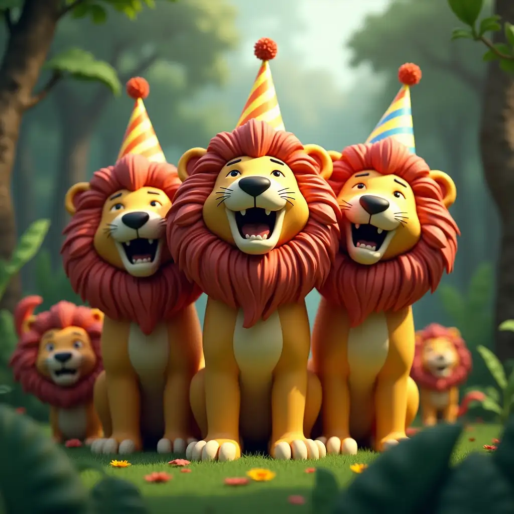 The lions roar 3d with birthday caps in the jungle with all the animals