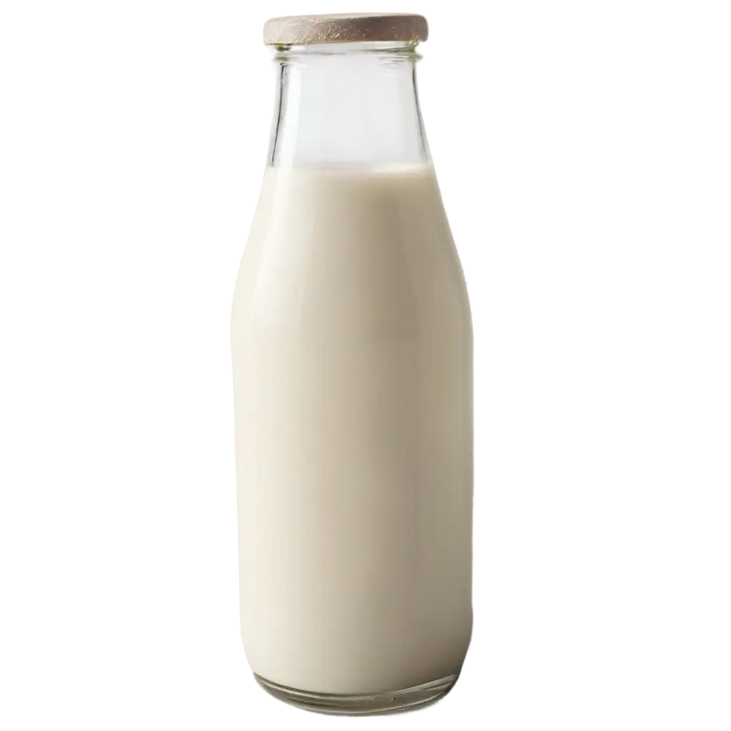 A milk bottle with a glass next to it