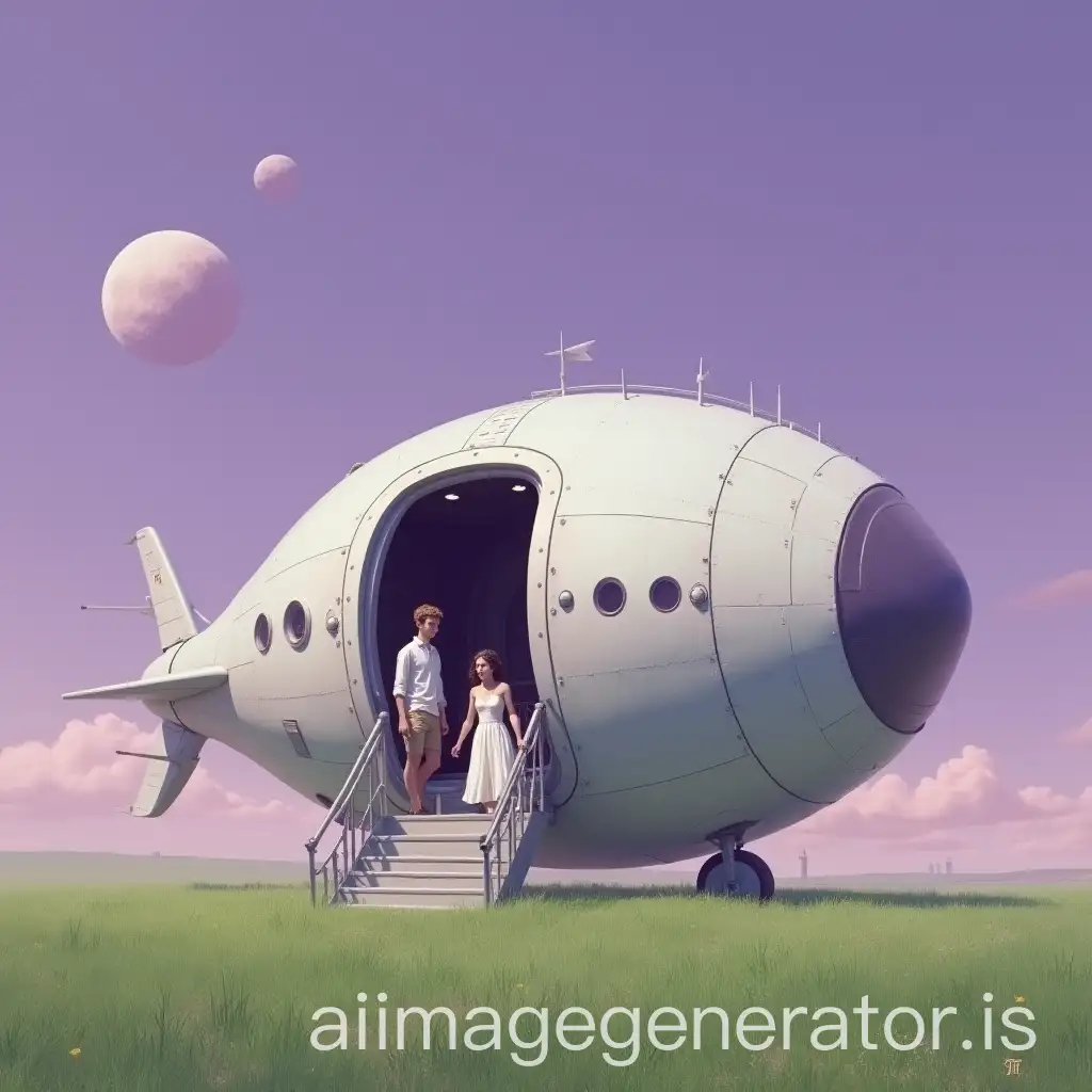 Young-Couple-Exiting-Spaceship-on-Green-Plain-Under-Purple-Sky-with-Two-Moons