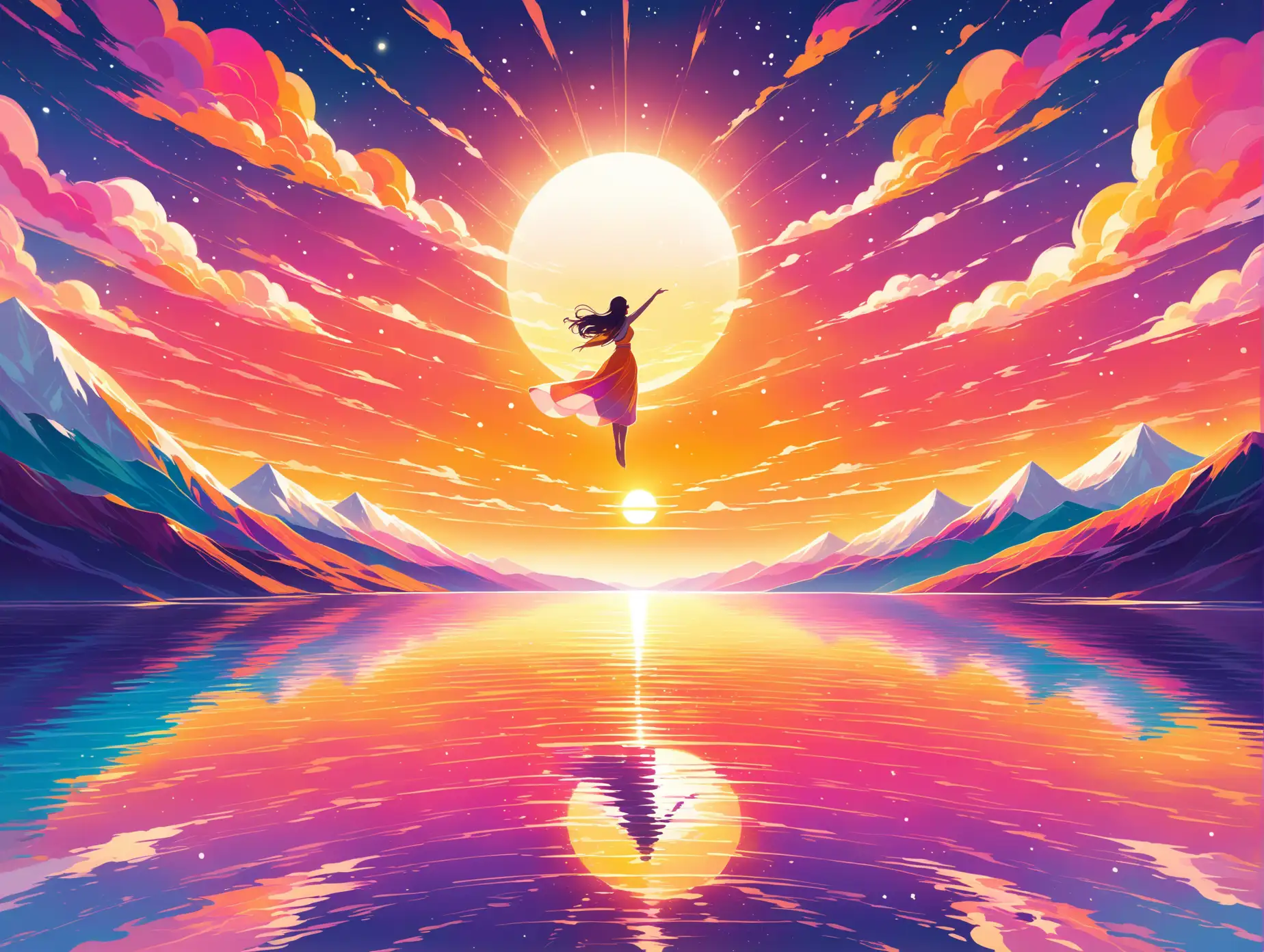 Design an abstract scene showcasing a stylized snowy mountain adorned with bold geometric patterns and colorful, whimsical clouds. Feature a flowing silhouette of a brunette woman gracefully hovering above a dreamlike lake. Represent the golden hour with vibrant strokes of orange and pink, allowing sunlight to filter through the space created by her arms and hips for an ethereal effect.