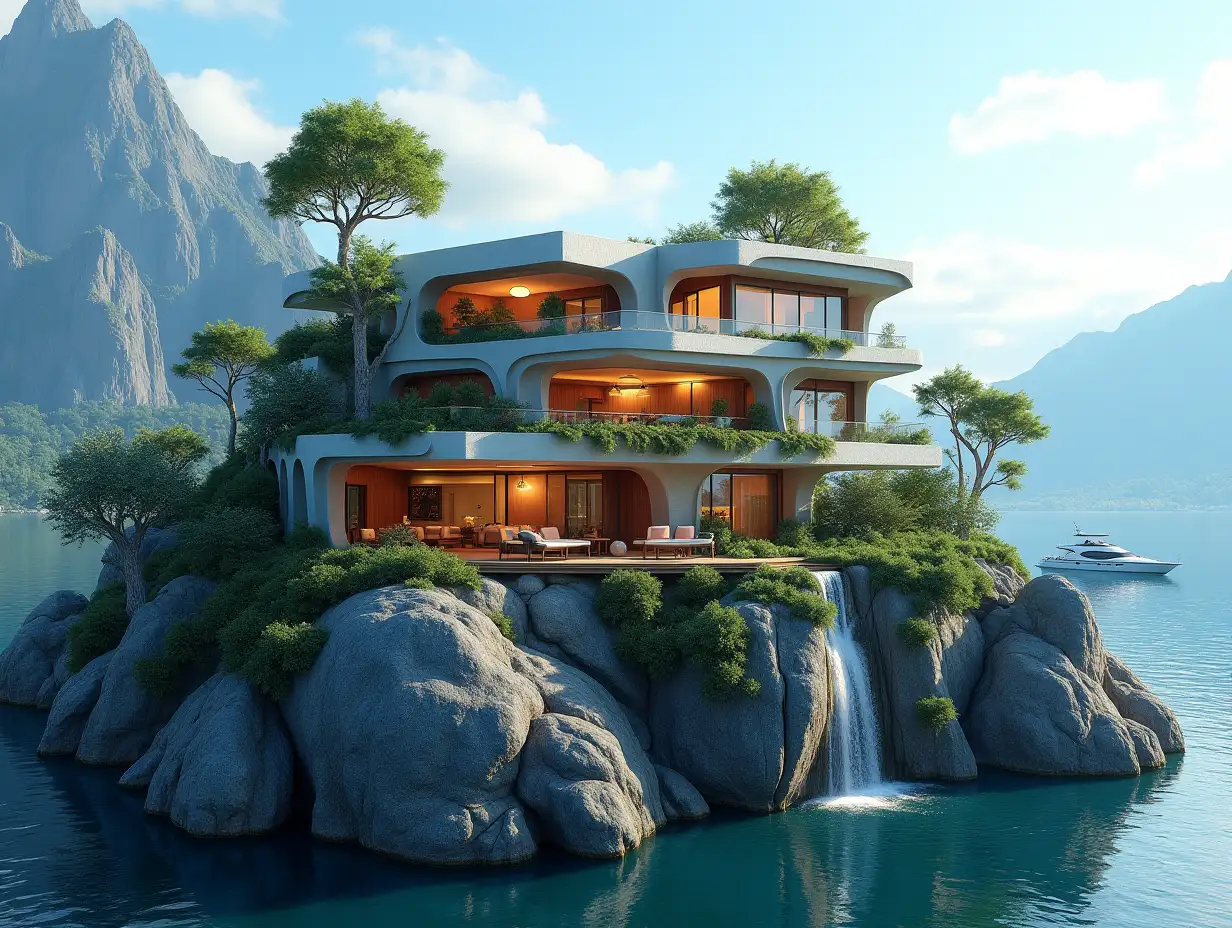 A futuristic multi-story house made of many hole-lit glass squares and wood lies on the mountain peak, many plants Waterfall,Trees, blue Sky, bright Environment, Mountains,clear Water and a yacht in the background, vibrant 8k-Quality