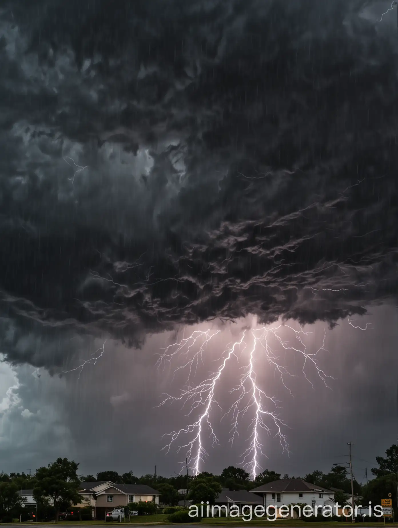 Dark, ominous clouds with streaks of lightning and heavy rain beginning to fall.