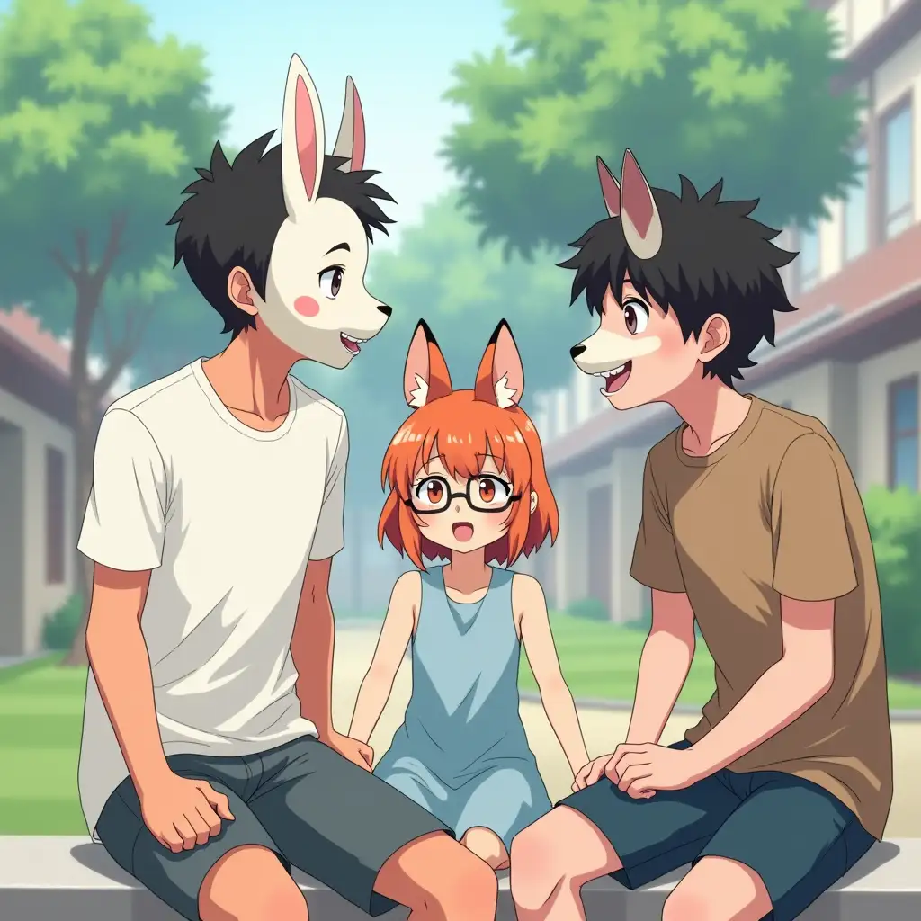 A boy in a white t-shirt is sitting outside talking to his friends. He is wearing a mask of a rabbit. Among his friends there are a girl in light blue dress. She is wearing a mask of a fox. There is also a boy with black curly hair in a brown t-shirt. He is wearing a mask of a ram. They have some distance between each other. Anime style.