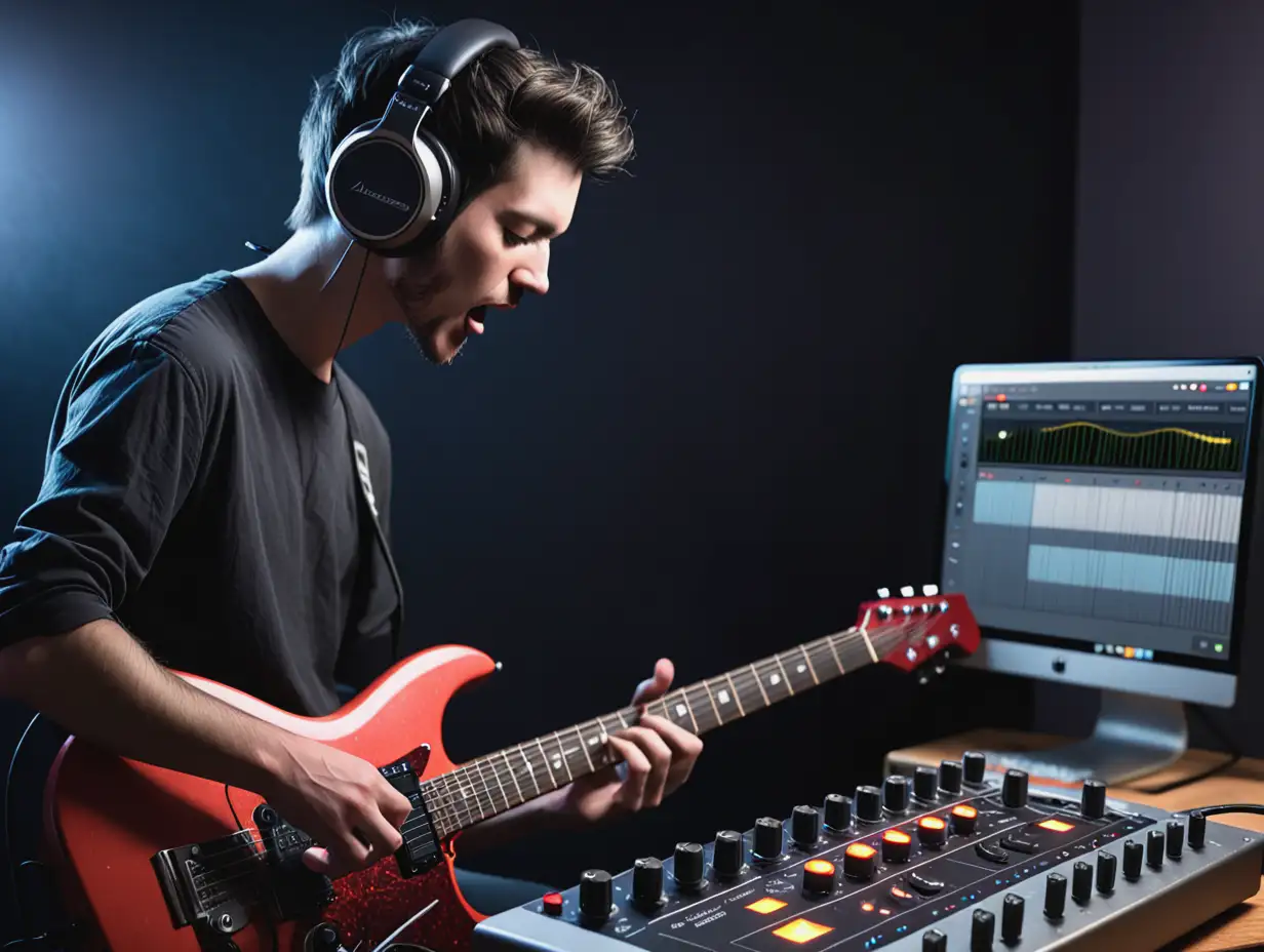 Guitarist Using Audio Interface for Recording Music