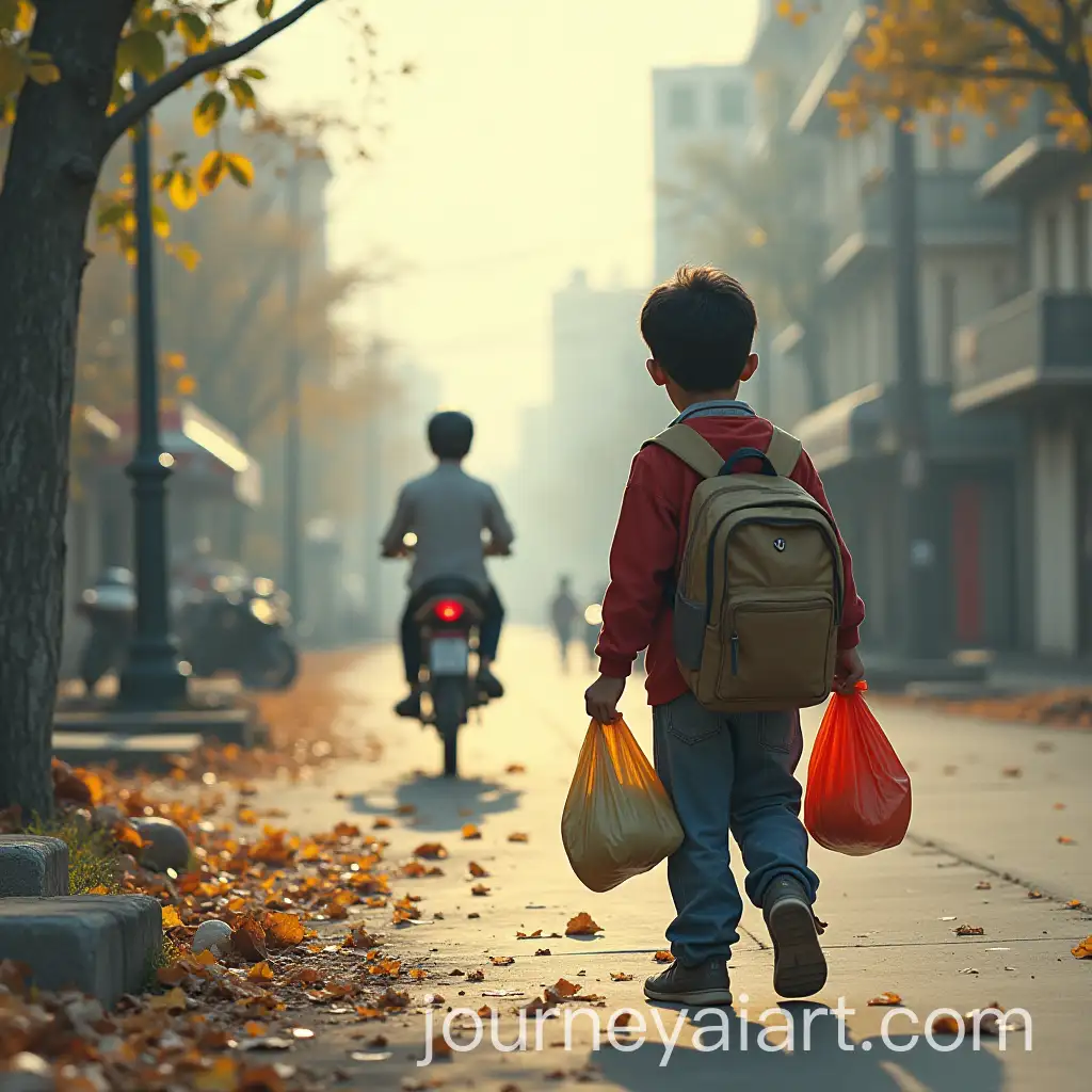 Boy-Collecting-TrashAI-Image-Prompt-Expansion-Cans-Sees-Father-and-Son-Riding-Bullet-Motorcycle-to-School