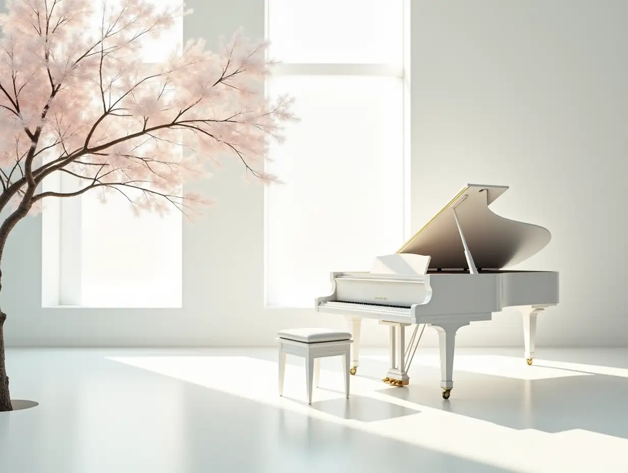 Ethereal-Scene-with-White-Grand-Piano-and-Blossoming-Tree-in-Sunlit-Room